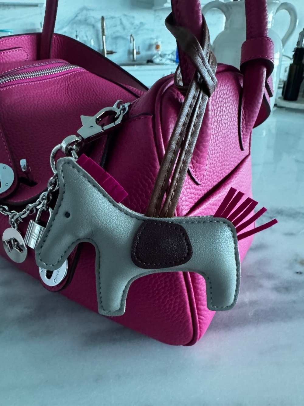Winged Horse Pegasus Bag Charm Keychain Gray & Pink